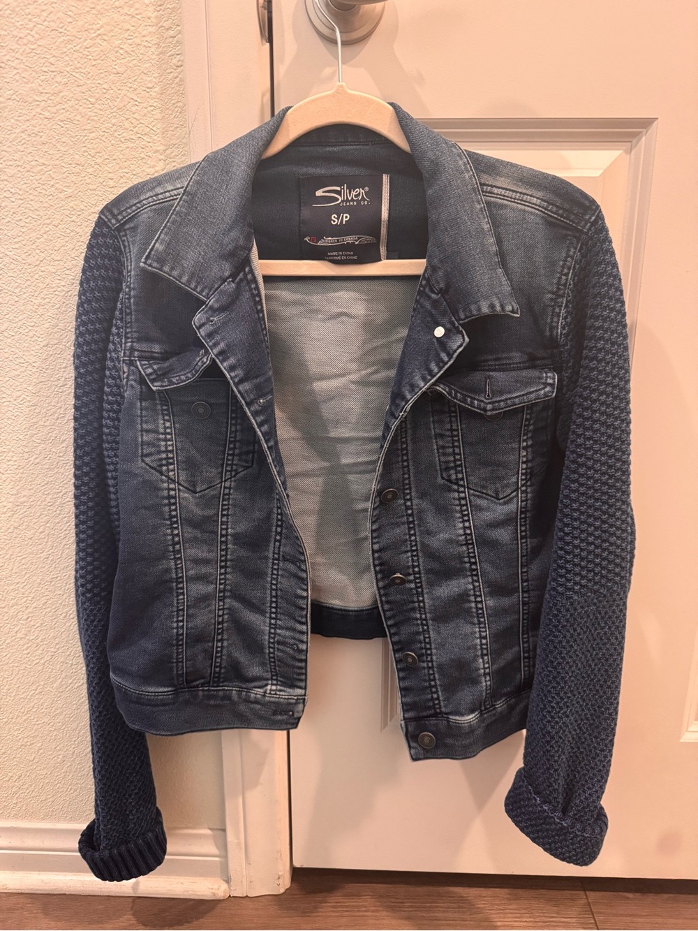 Silver Jeans Blue Denim Jacket with Knit Navy Sleeves
